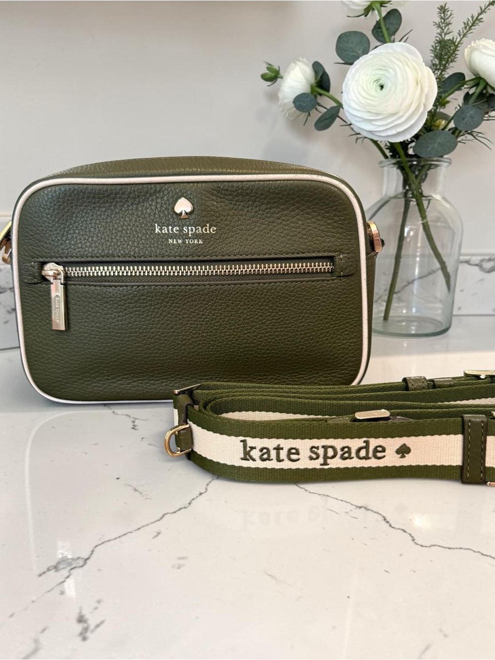 Kate Spade Emma Olive Green Pebbled Leather Camera Crossbody Bag